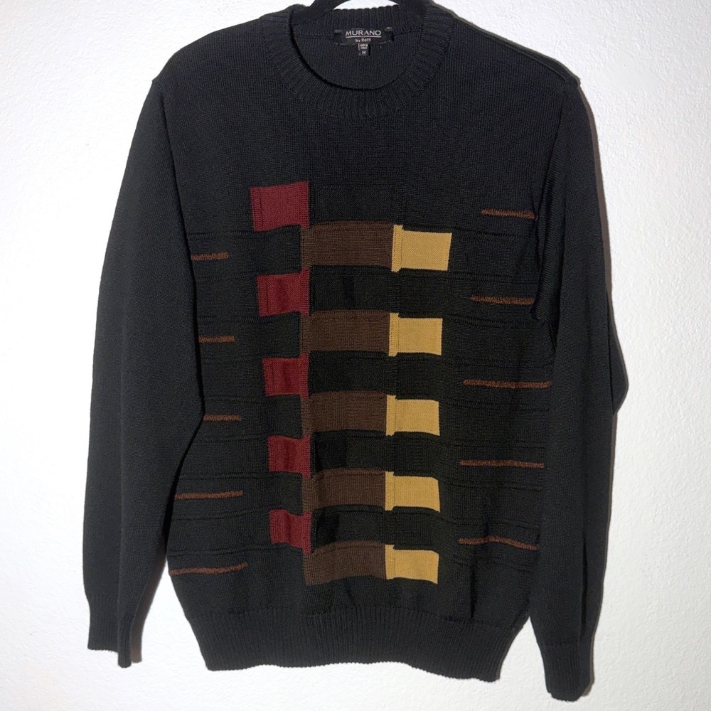 Murano by Raffi Vintage Mens Black Wool Blend Geometric Crewneck Sweater Italy M